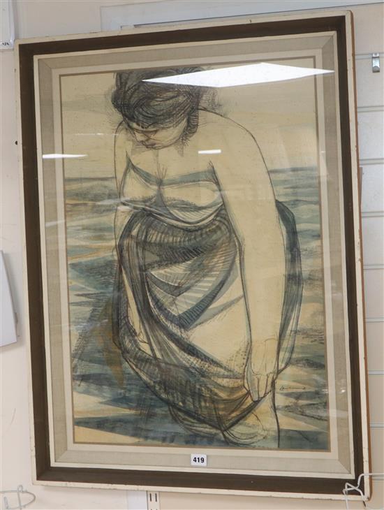 Nigel Lambourne (1919-1998), The Paddler, charcoal, pastel and watercolour, 73 x 50.5cm